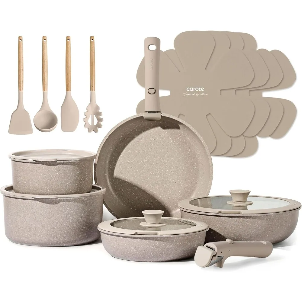 

19-Piece Non-Stick Cookware Set with Detachable Handle, Induction Compatible, Oven Safe in Taupe for RV Kitchen