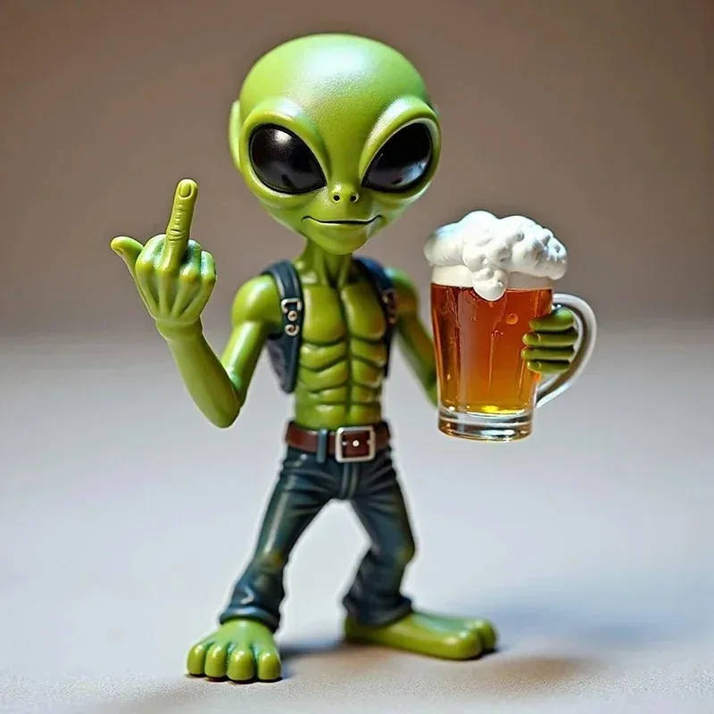 1pc 2026 new  resin alien statue funny beer drinking sculpture with vivid expression waterproof garden decor middle finger pose