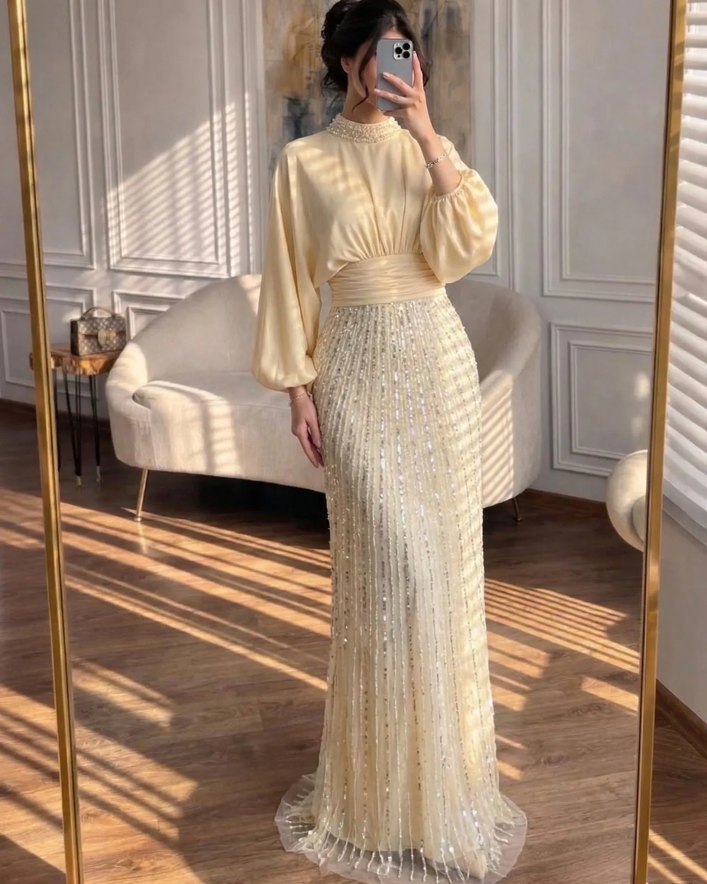 

Customized Exquisite High Collar Sparkle Evening Dress A-line Long Dresses Luxury Wedding Party Women's Formal Evening Gowns