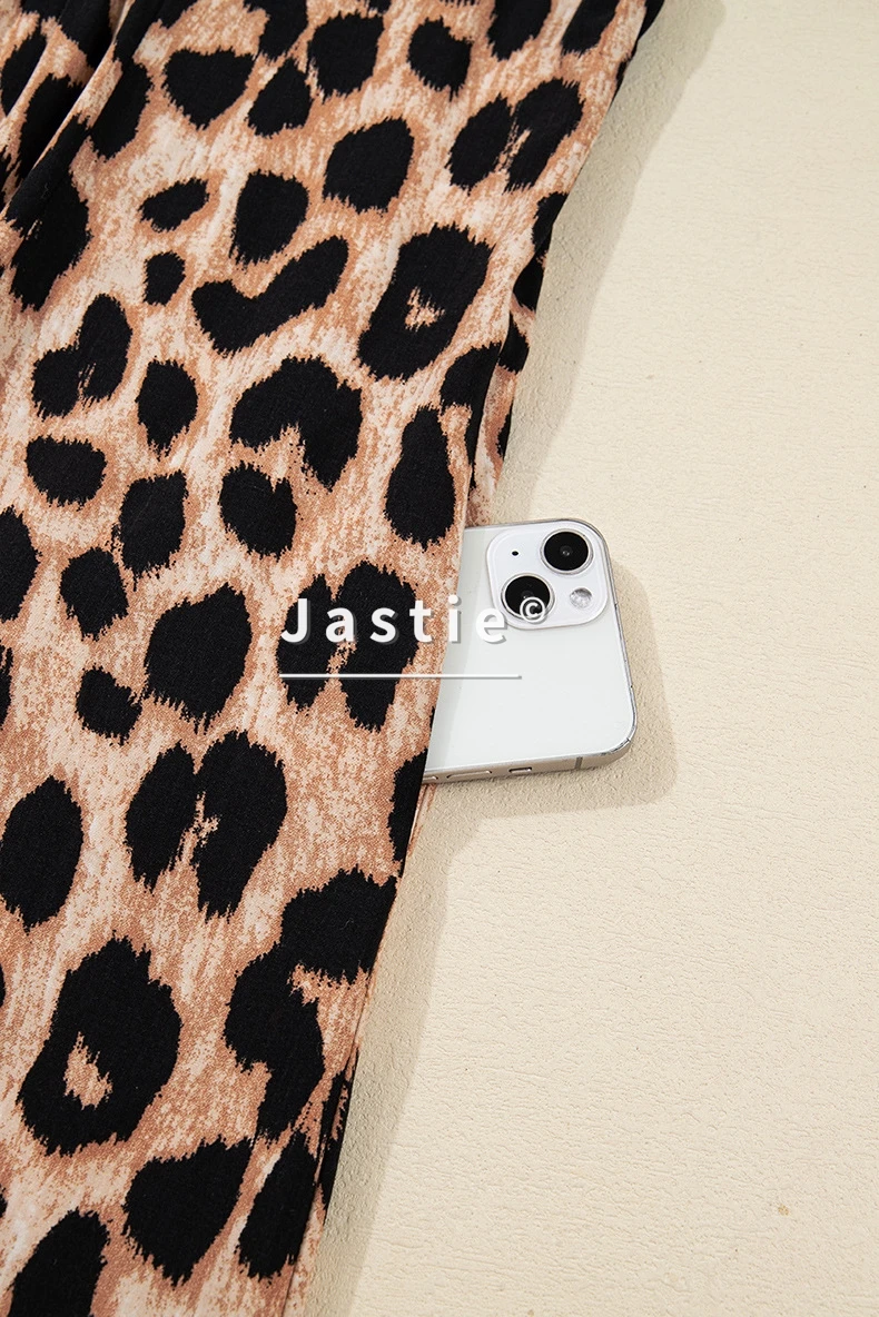 Vintage Leopard Print Midi Dress For Women Long Sleeve V-Neck Smocked Waist Flowy Loose-Fit Boho Casual Beach Party Dress