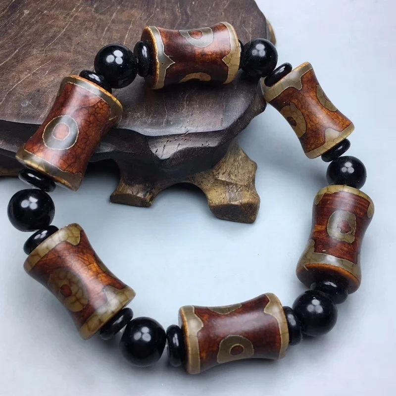 Natural Old Agate Tibetan Three Eye Bamboo Bead Bracelet Men's and Women's Ethnic Style Bracelet