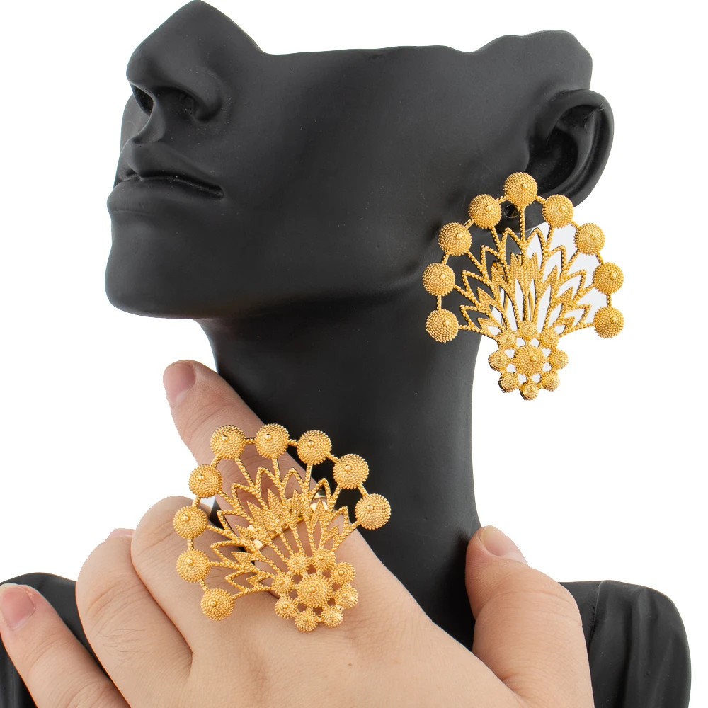 Earrings Jewelry Set for Women African  Color Earrings with Ring Unusual Design Ear Accessories Girls Lover Daily Gifts
