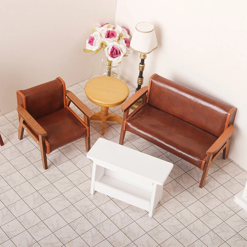 Sofá em miniatura para Dollhouse, Sofá de Couro, Cadeira Individual e Dupla, Modelo de Móveis, Decoração da Sala, Toy Doll House Acessórios, 1:12