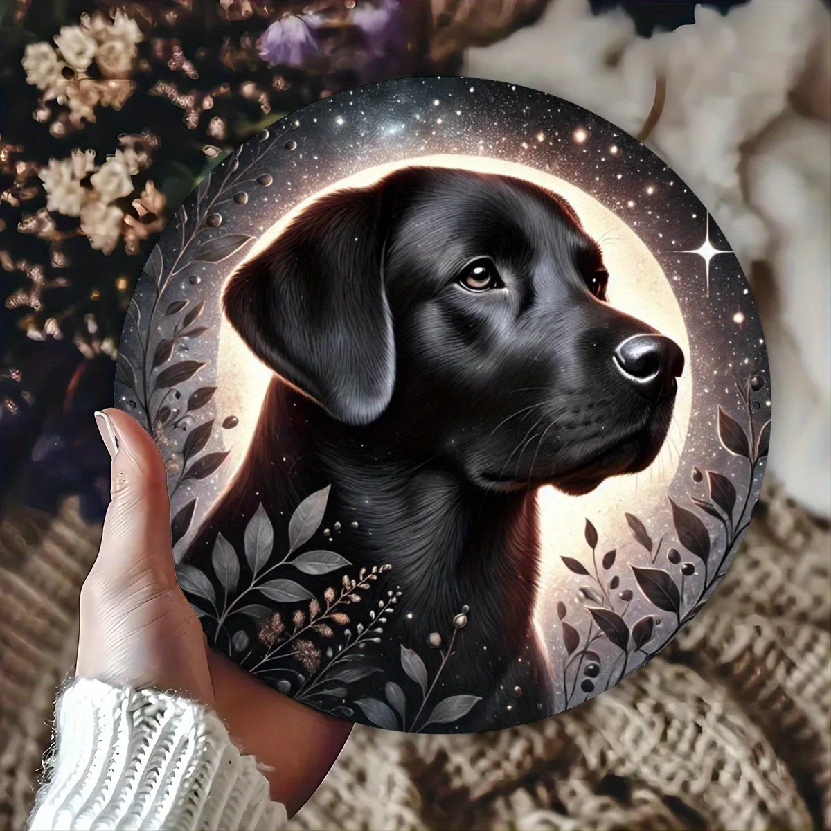 لوحة فنية جدارية معدنية مستديرة مقاس 7.8 بوصة من اللابرادور والقطط باللون الأسود الساحر - تصميم السماء الليلية المرصعة بالنجوم، مثالية للمنزل والحديقة والمطبخ والبار، كاليفورنيا #1