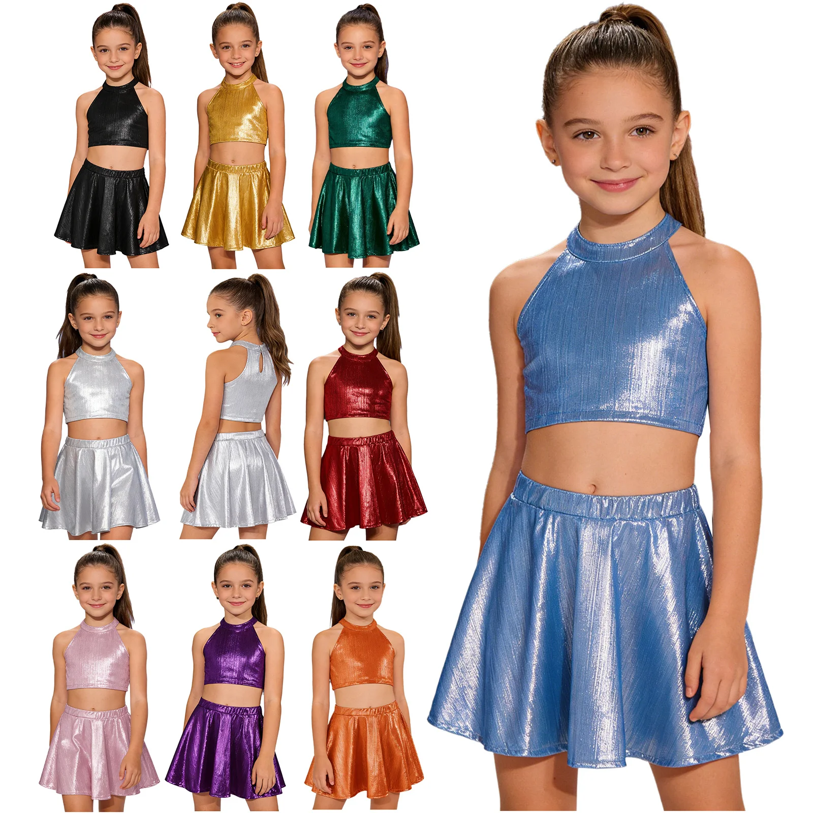 

Kids Girls Metallic Shiny Jazz Hip Hop Dance Outfit Sleeveless Crop Top Vest with Shorts for Cheerleading Gymnastics Performance