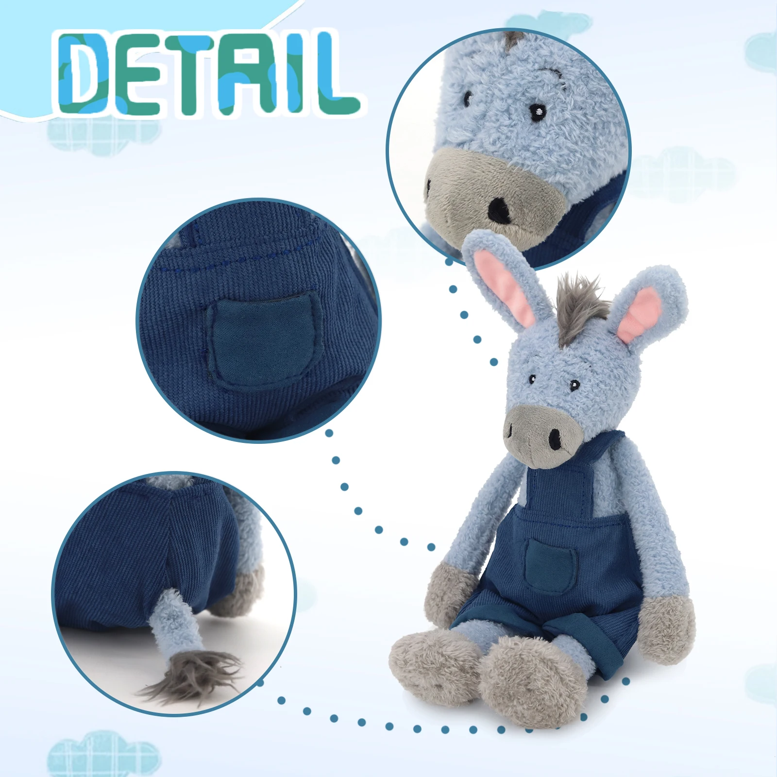 لطيف الأزرق حمار ألعاب من نسيج مخملي مع وزرة الدنيم لينة محشوة دمية على شكل حيوان Kawaii العاطفي الكرتون بلوشي الاطفال هدية ديكور المنزل