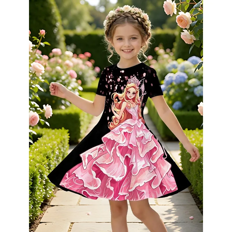 Cute and Shiny Magic Wand Princess Print Girl Casual Dress Fairy Tale Design Short Sleeved Dress Suitable for Birthday Gifts