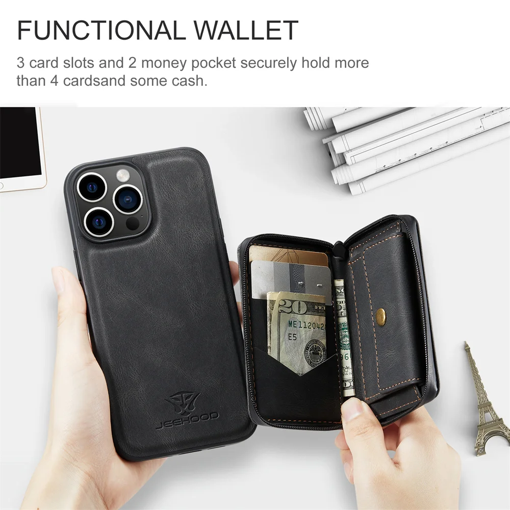 JEEHOOD Luxury Detachable Zipper Purse Magnetic Wallet Case for 15 Pro Max 6s 7G 8 XR XS Max 11 Pro 12 13 Mini 14 Plus Phone Bag