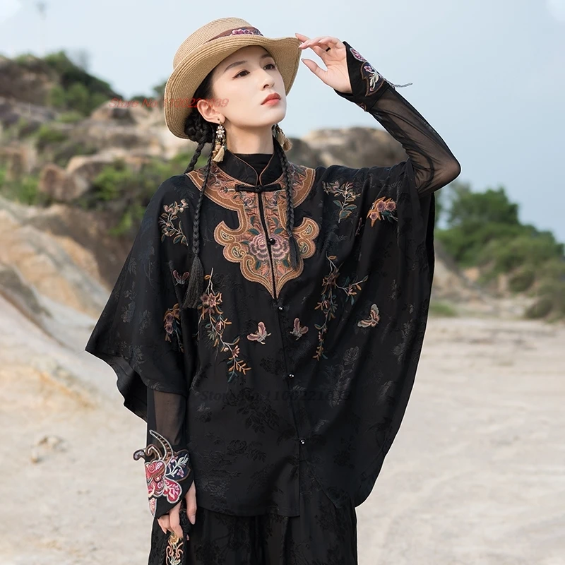 2024 chinese vintage coat traditional flower embroidery satin jacquard folk jacket oriental hanfu tops retro shawl cloak coat