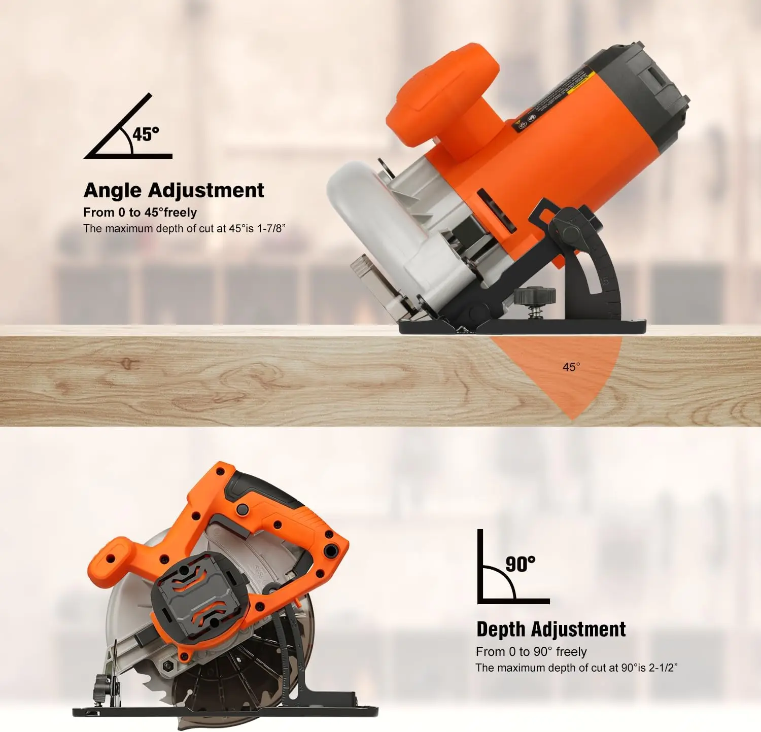 เลื่อยวงเดือน 7-1/4 นิ้ว, 6000 รอบต่อนาที, ปรับความลึกได้, เหมาะสำหรับตัดไม้และพลาสติก