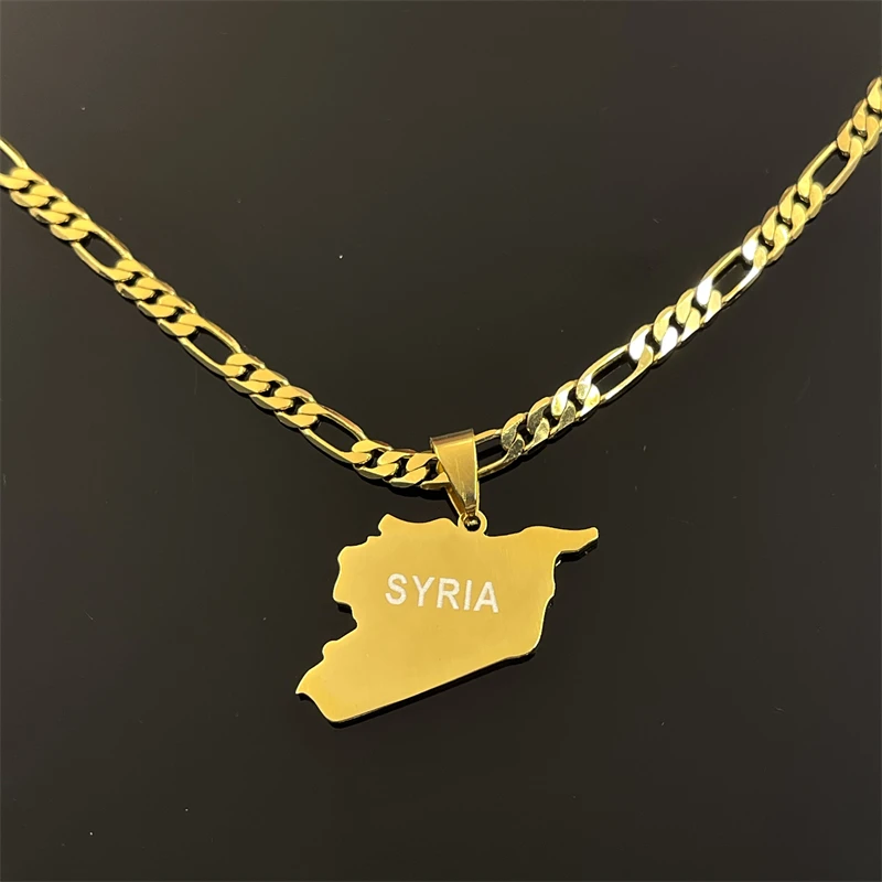 Golden Syrian map engraved SYRIA pendant necklace, stainless steel Figaro chain, ethnic commemorative men's and women's collarbo