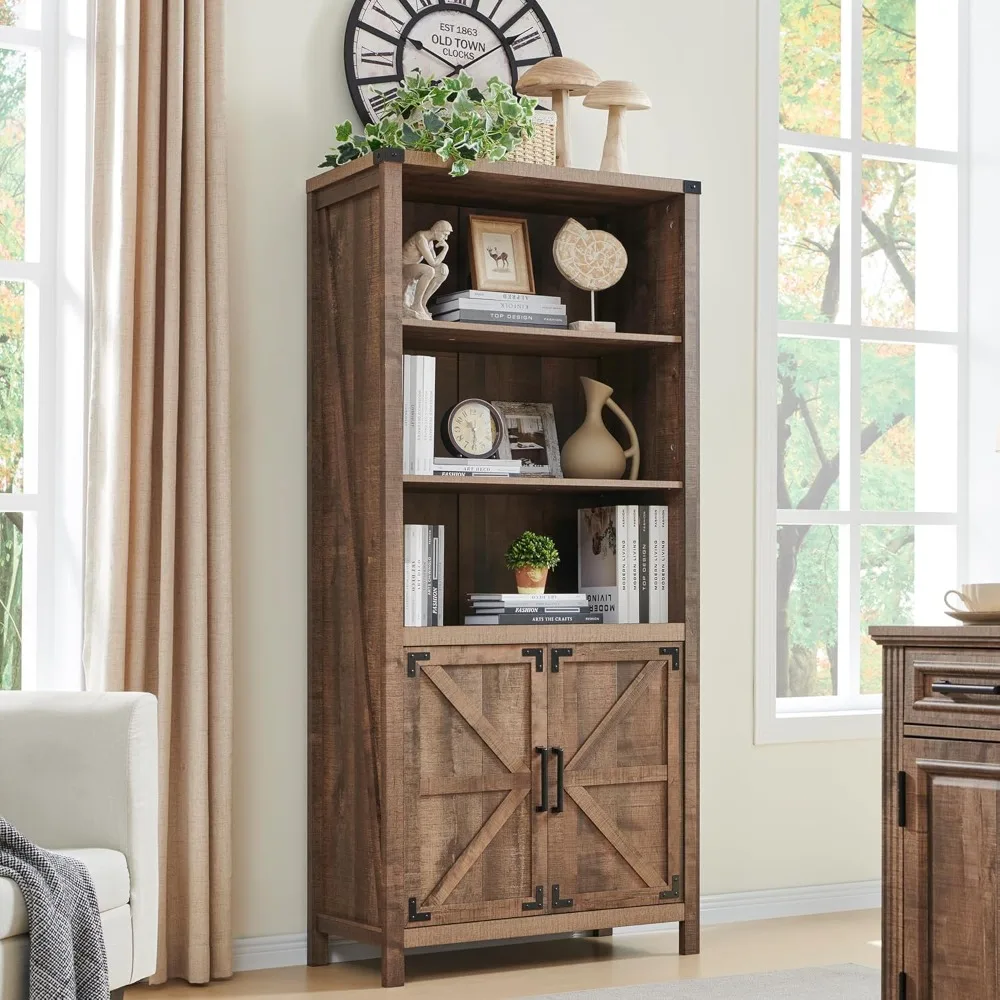 

70" Farmhouse 5-Tier Storage Bookshelf-Bookcase with Adjustable Shelves & Barn Door, Kitchen Pantry Bathroom Organizer, Storage