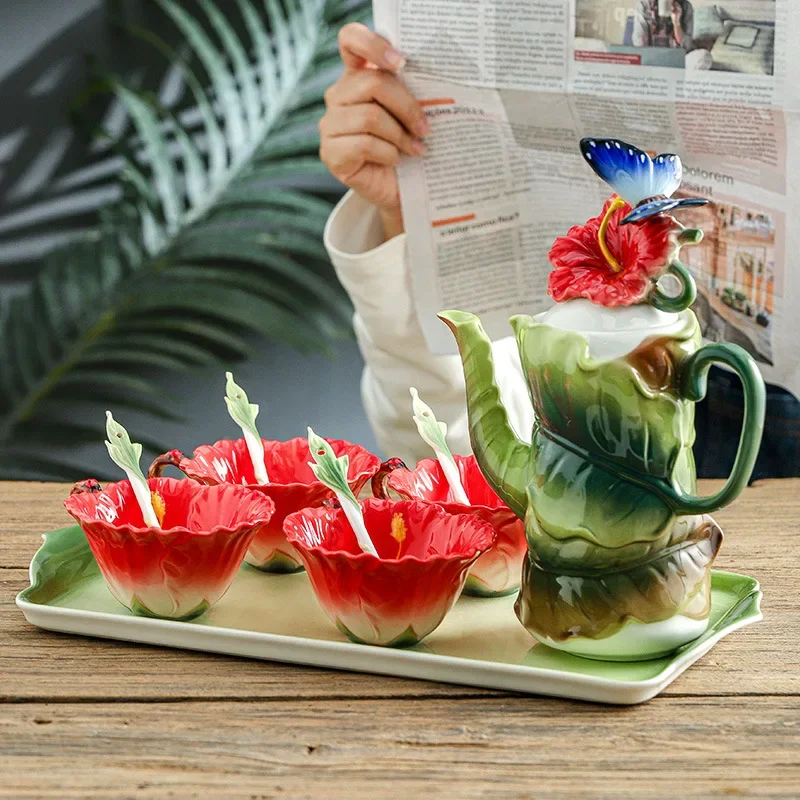 Flower Tea Set Imitation Hibiscus Flowers Ceramic Mugs Teapot Coffee Mug Teacup Afternoon Tea Accessories Tea Pot and Cup Set