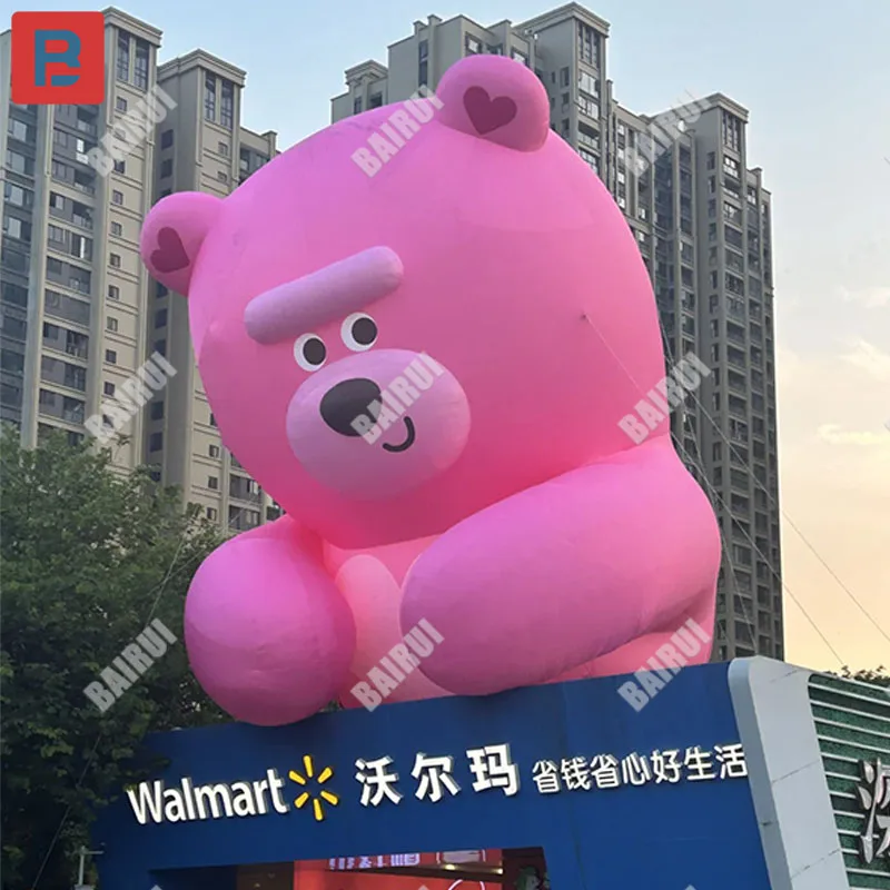 Modelo inflável de urso rosa fofo escalar na parede fora da fachada da parede do shopping mercado panorâmico adereços de iluminação romântica