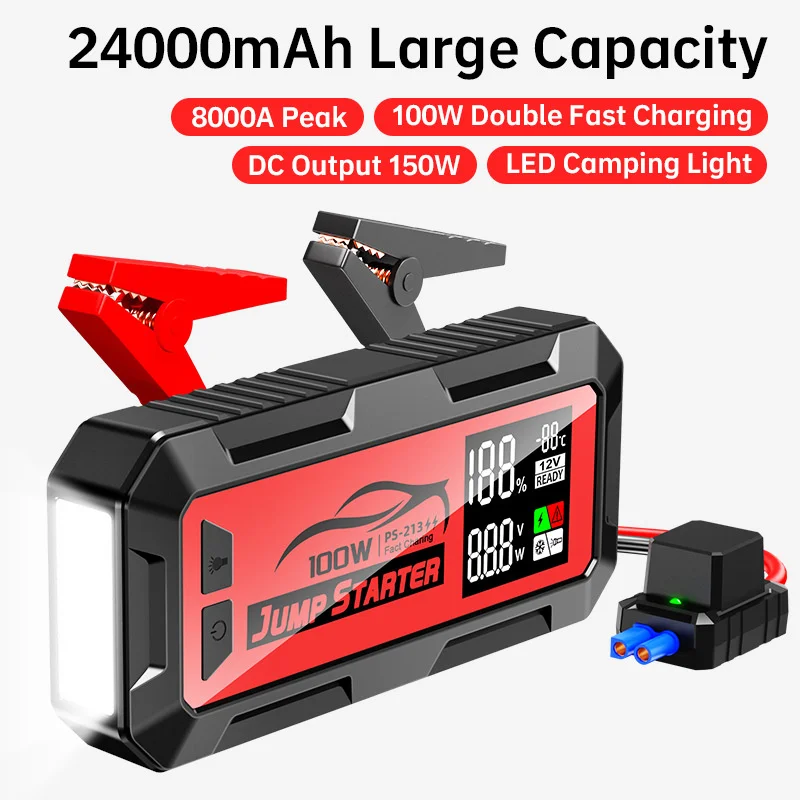 8000A 100W 24000mAh Car Emergency Jump Starter Power Bank Super Capacitor With Fast Charging Booster Car Battery And DC Output