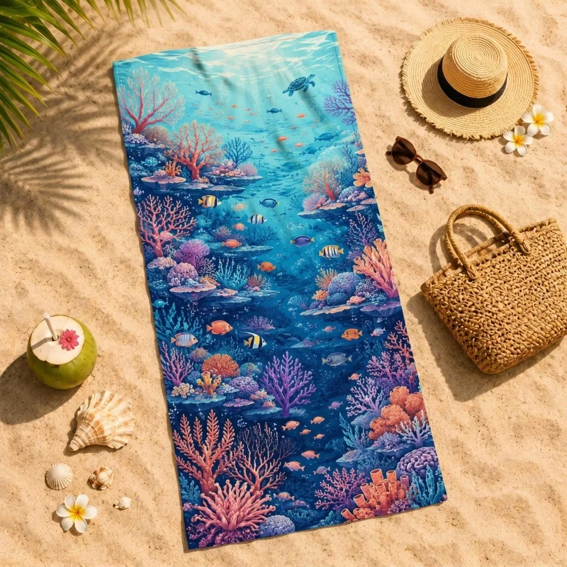Newest Beach Towel Colorful Coral Tropical Fish Turtle Underwater World Print Beach Towel Kids Swimming Towel