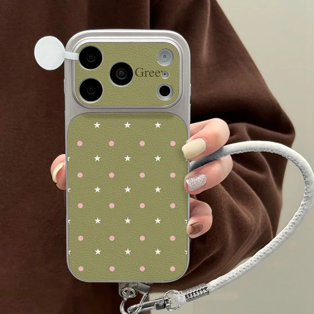 Forest Green Leather Phone Case For iPhone 18 Pro Max Case iPhone 17 16 15 14 13 12 11 Pro Max Stars Polka Dots Shockproof Cover - view 3