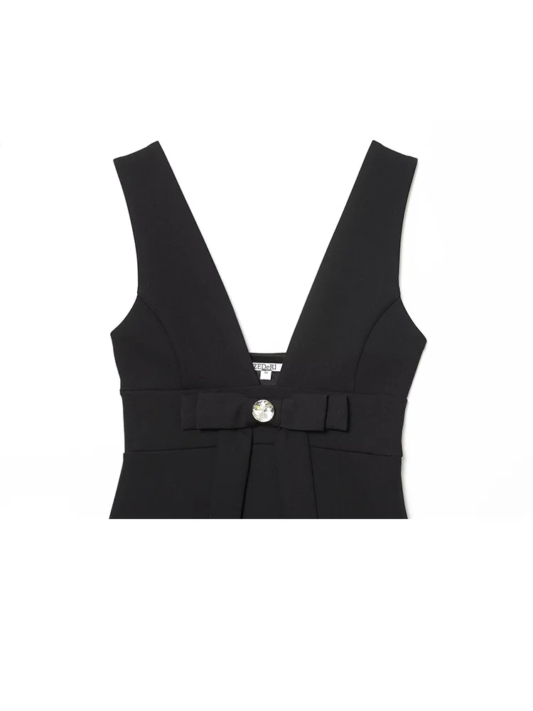 HH Frauen Sommer Elegante Bogen Verziert Seite Zipper Backless V-ausschnitt Kleid Weibliche High Street Casual Ärmelloses Mini Kleid Mujer