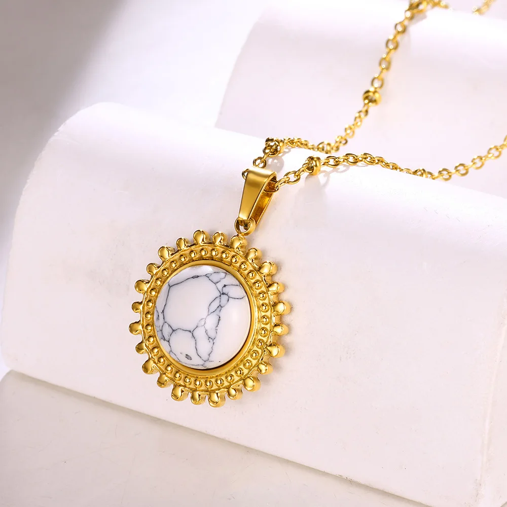 Natural Stone Pendant Necklaces For Women Trend Vintage Stainless Steel Jewelry Gold Color Chain Round Minimalism Necklace New