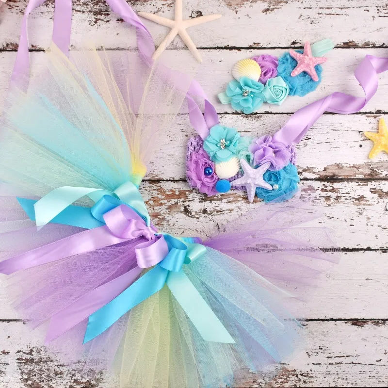 Children's ocean-themed tulle tutu set including a strapless top and a skirt, suitable for kids' birthday parties and Festival