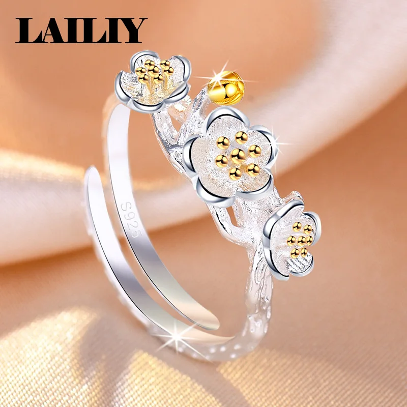 LAILIY 925 Sterling Silver Plum Blossom Pattern Adjustable Ring For Women Girls Fashion Jewelry Engagement Party Gift