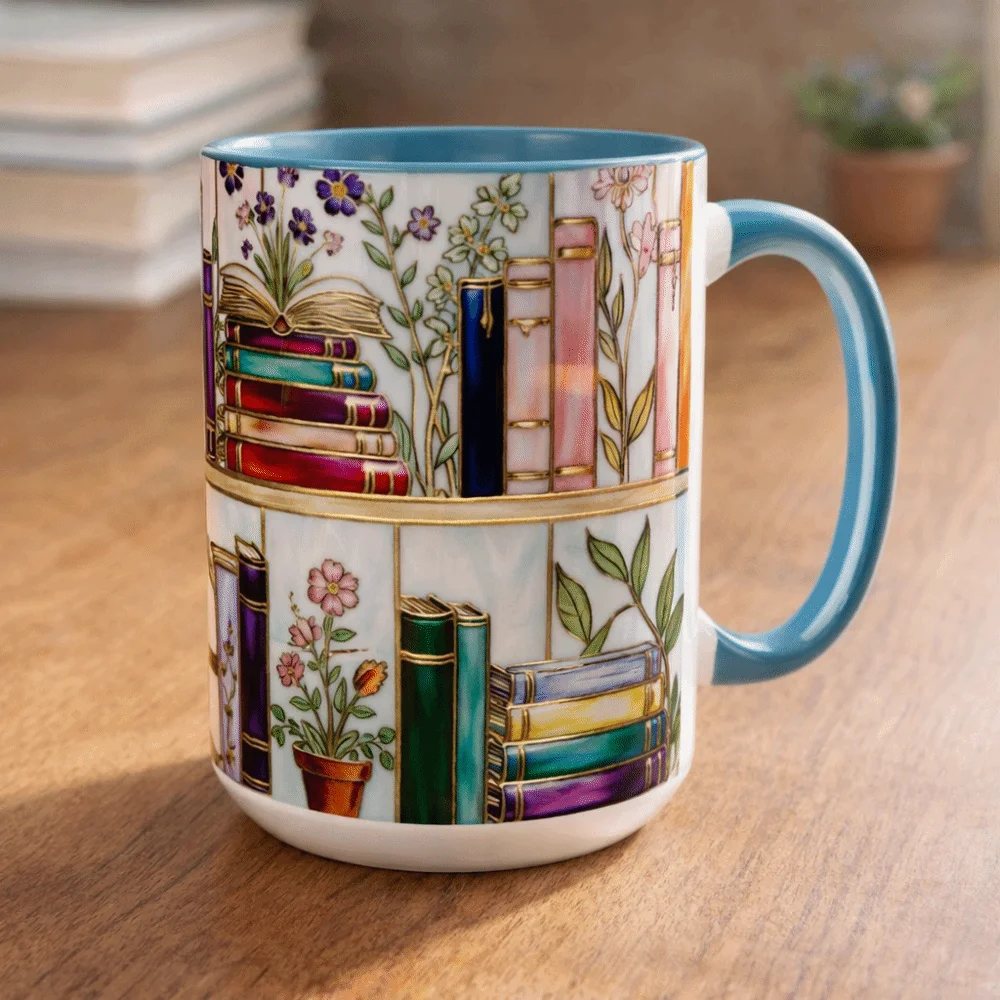 

Керамическая кружка для молока с узором в виде книжной полки, забавный подарок для книголюба, цветная глазурь с бронзовым тиснением, цветочный узор, винтажная, 15 унций