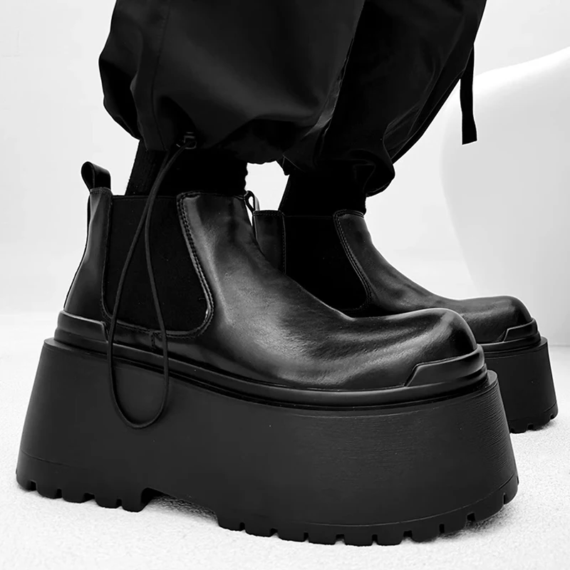 big size men casual stage nightclub chelsea boots slip-on natural leather shoes cowboy high boot black designer platform botas