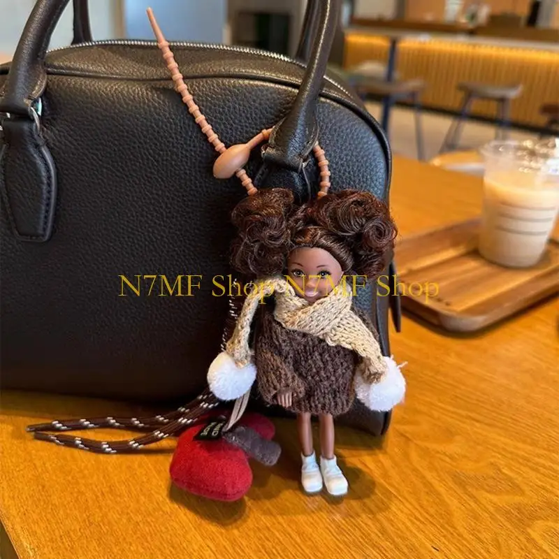 

N7MF Adorable Black Hair Doll Holder Heart Pendant and Braided Rope Backpack Ornament Stylish Accessory for Bags Or Keys
