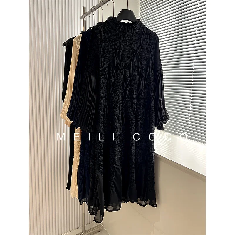 YUDX 2024 Autumn New Pleated Slim Solid Color Women\'s Dresses Fashion Design Long Sleeve Standing Collar Long Dresses