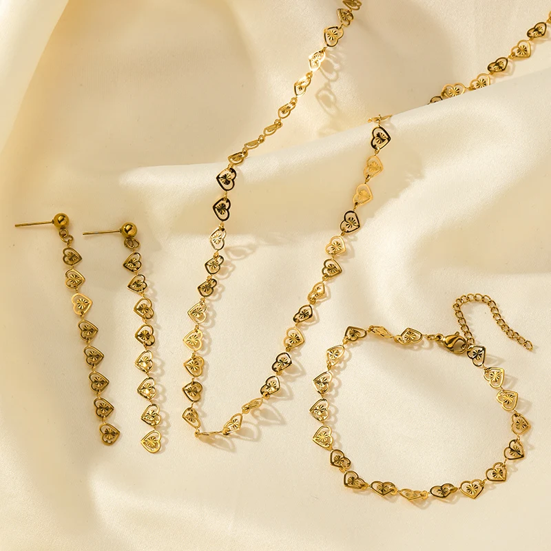 EILIECK 316L Edelstahl Kreatives Herz-Halsketten-Armband-Ohrringe-Set Modischer Goldfarbener Wasserdichter Schmuck für Frauen und Mädchen – Detail 12