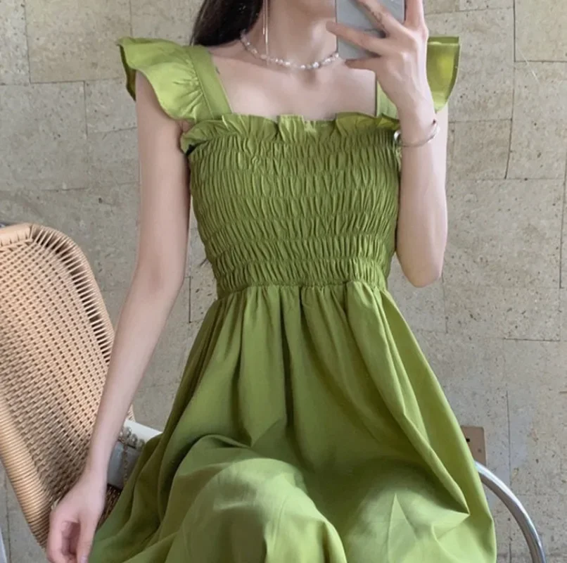

Women's Flying Sleeve Pleated Long Dress Summer High Waist Square Neck Ruffle Edge Vacation Vestidos Y2k Academic Dresses 원피스