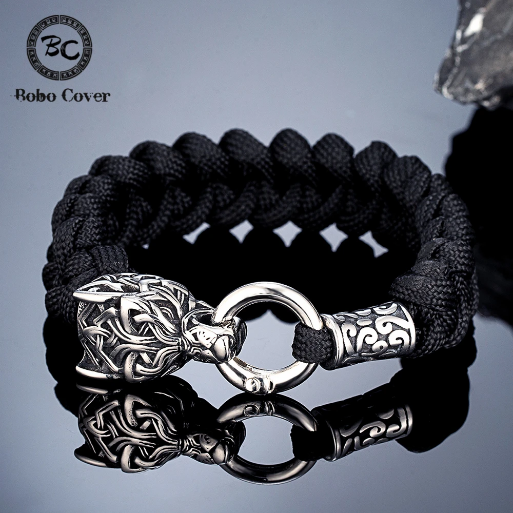 Vintage Norse Runes Celtic Wolf Survival Rope Bracelets Men Handmade Outdoor Stainless Steel Lanyard Wristband Vikings Jewelry