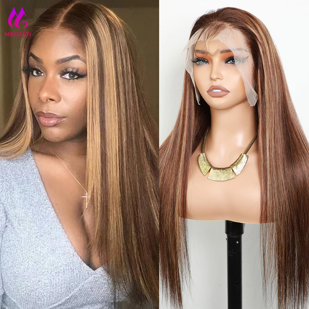 

Megeen Ombre Highlight 26Inch 13x4 Lace Front Wigs Human Hair Transparent Straight Lace Front Wigs Pre Plucked P4/27 Colored Wig