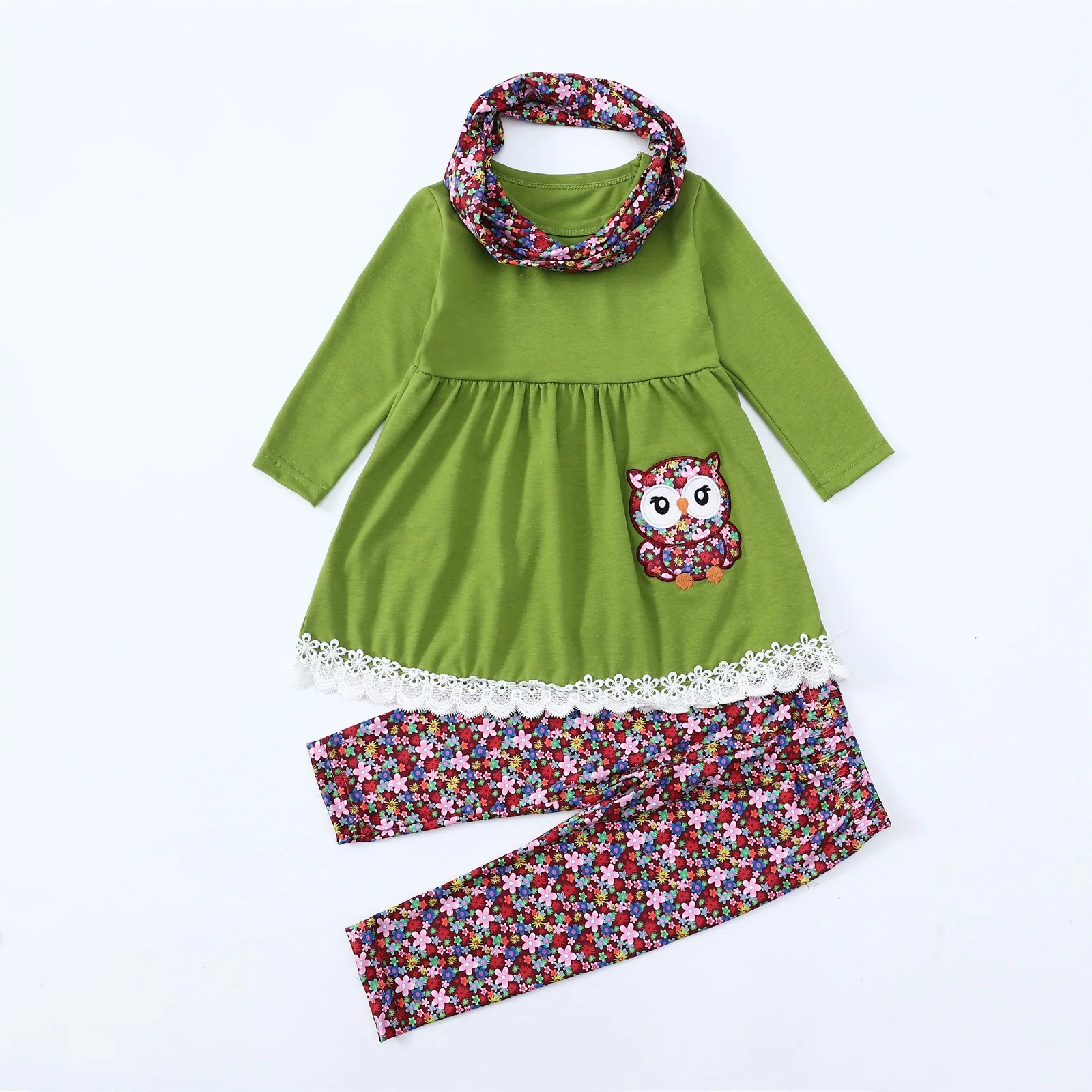 

Cute Owl Girls Clothing Sets Spring Autumn Fashion Long Sleeve Top + Pants + Scarf 3Pcs Girls Suits Birthday Gift Kids Clothes