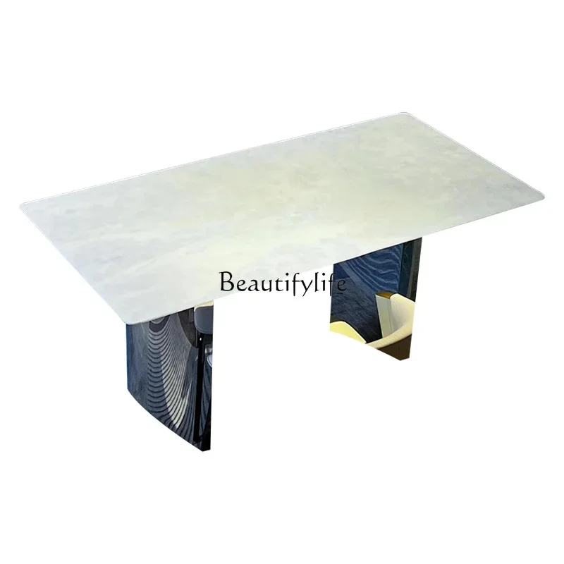 

White crystal natural marble dining table Italian light luxury high sense simple rectangular luxury stone dining table