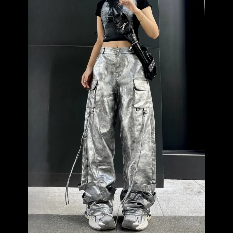 Womens Silver Color Cargo Pants Wide Leg Ribbon Detail Trousers for Stage Performances Hip Hop and Jazz Dance Practice