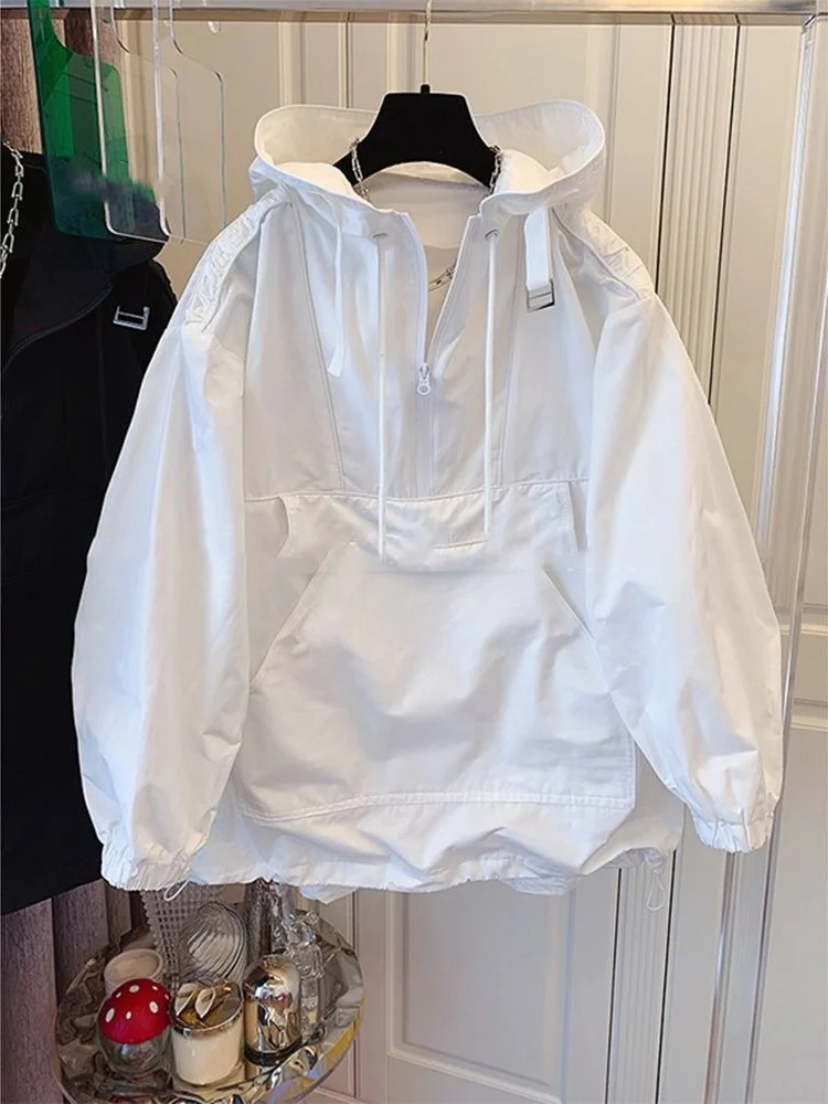 

plus Size Women's Casual Hooded Jaet Spring Autumn Design Loose Sle Windbreaker Top for Heavy Girls Korean Commute Sle