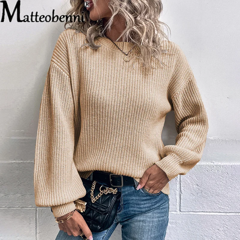 Autunno inverno maglione lavorato a maglia da donna elegante tinta unita O collo Pullover maniche a lanterna maglione caldo spesso top Casual femminile