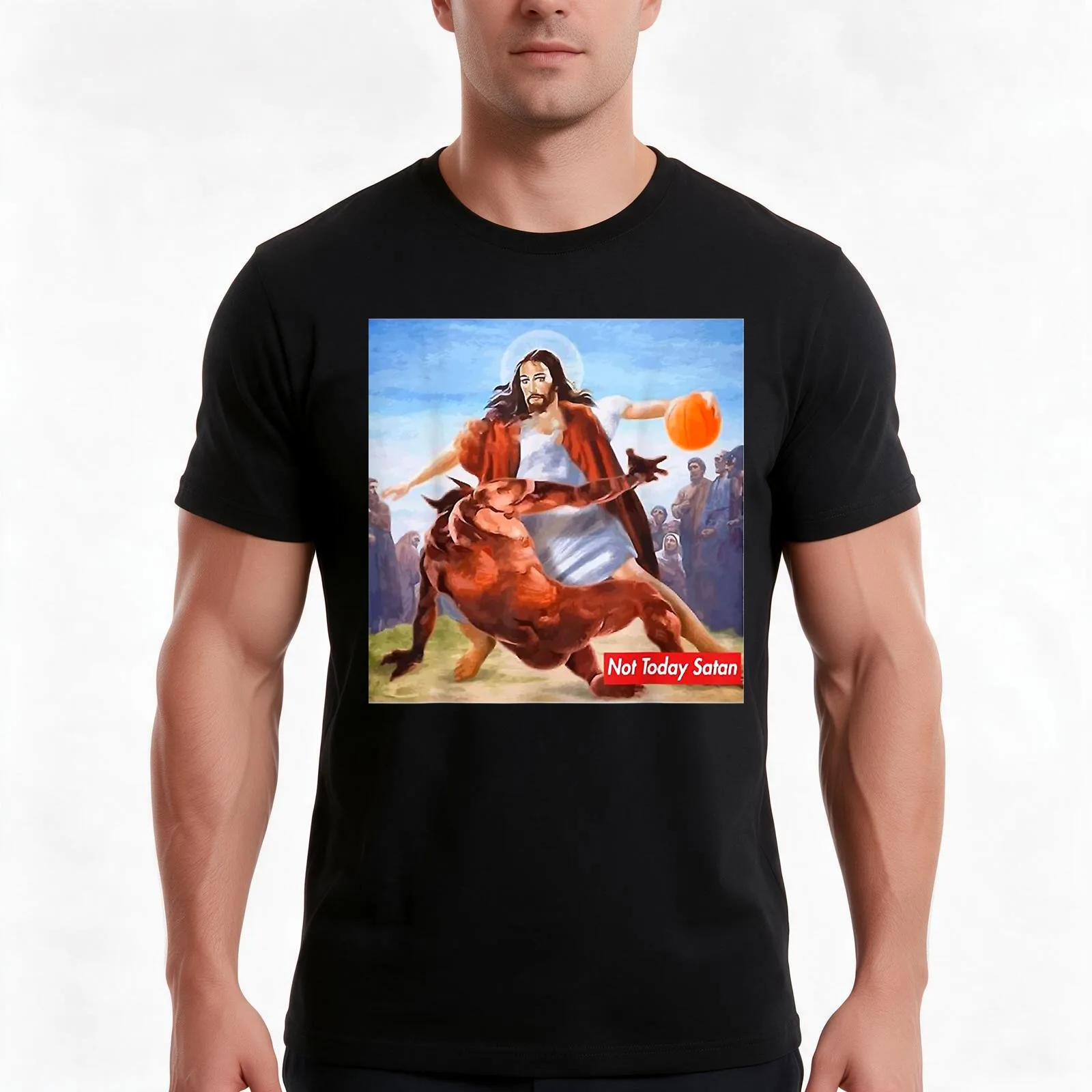 Not Today Satan Jesus Crossover Basketball T-Shirt Summer Casual Cotton Tee Oversized Streetwear Tops Vintage Graphic Print