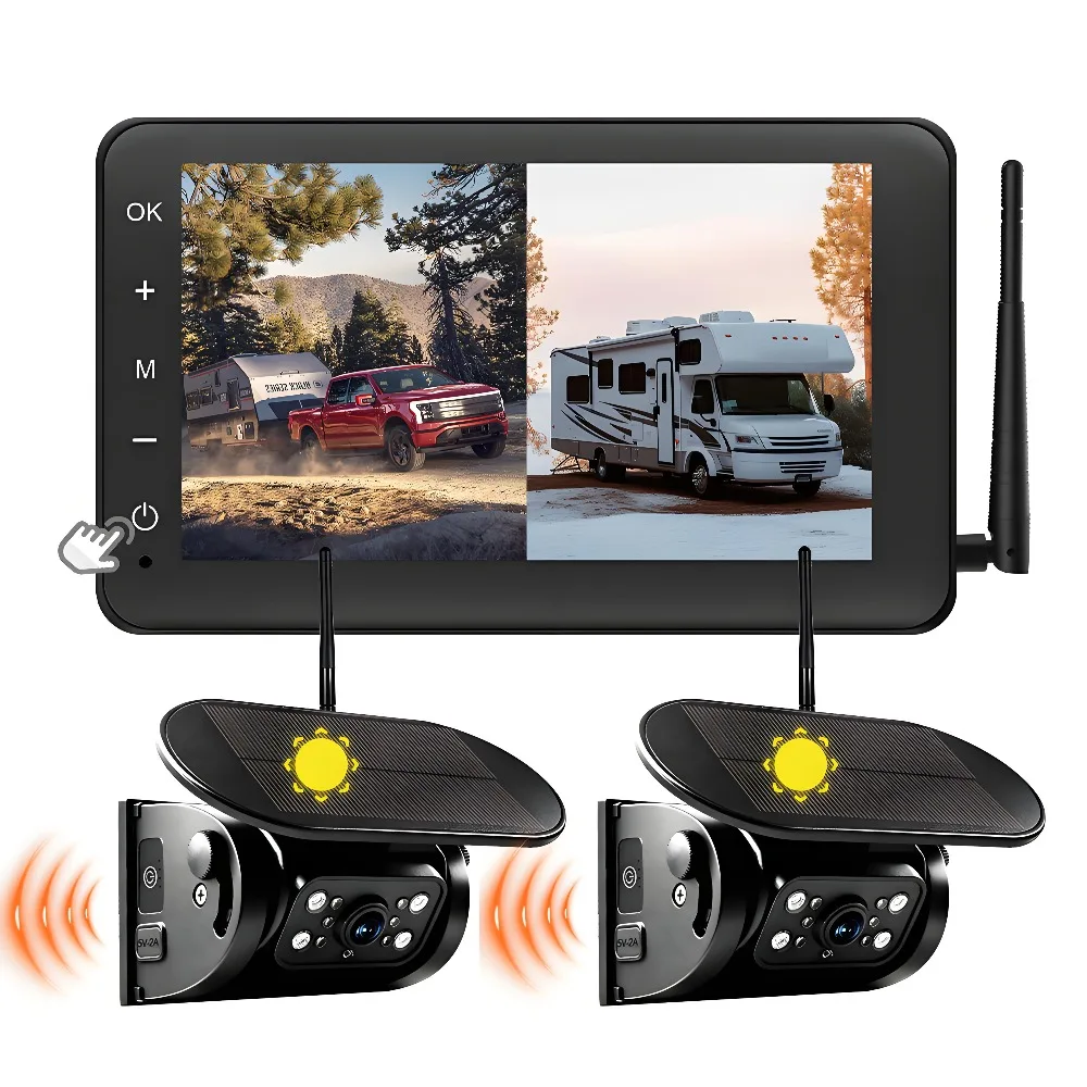 7Inch 2CH Wireless Solar Backup Camera Magnetic AHD Rear View Monitor 12-24V IP68 Waterproof Reverse Camera for Truck RV Trailer