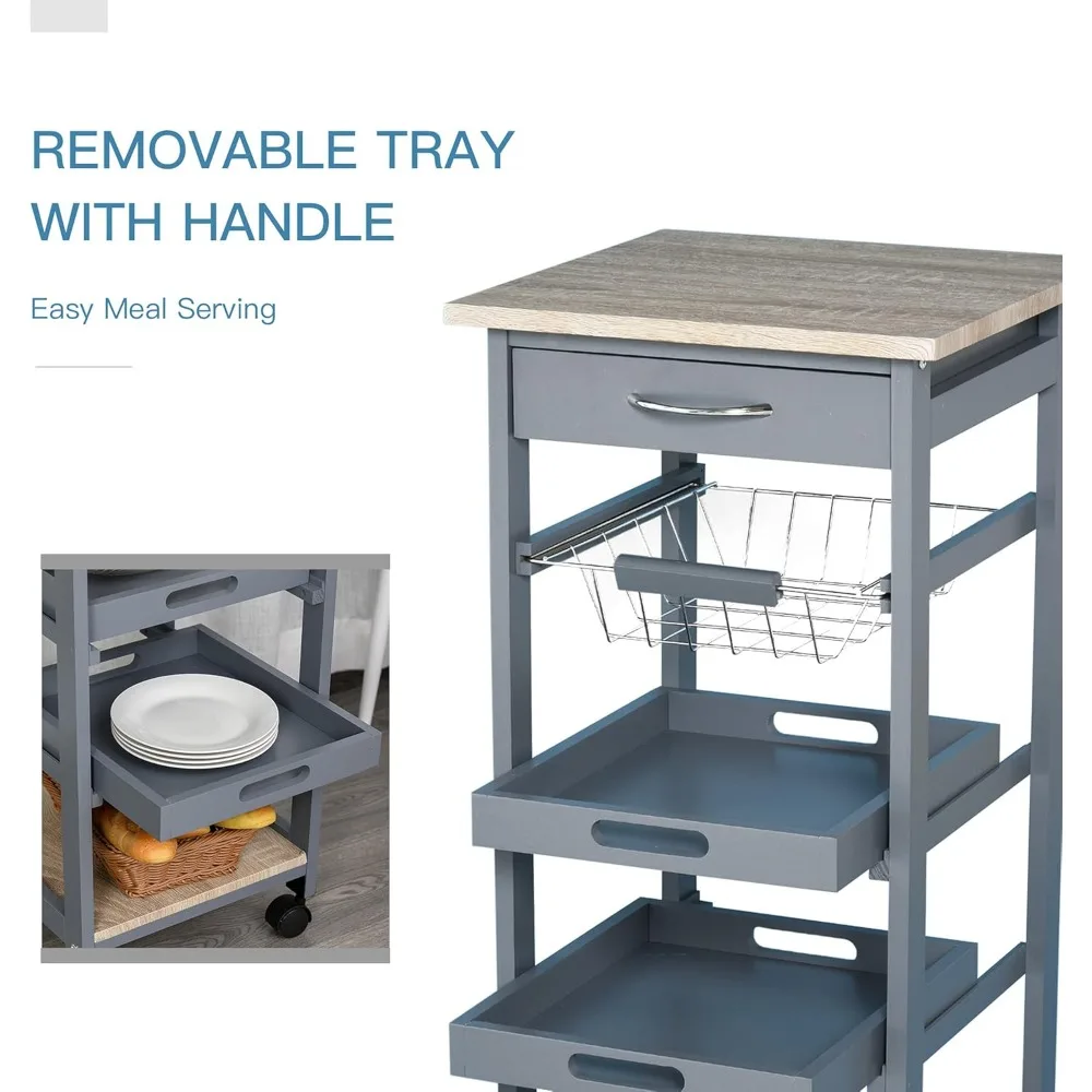 عربة مطبخ متنقلة مع مساحة تخزين، عربة أدوات دوارة مع درج وسلال، إطار خشبي رمادي #4