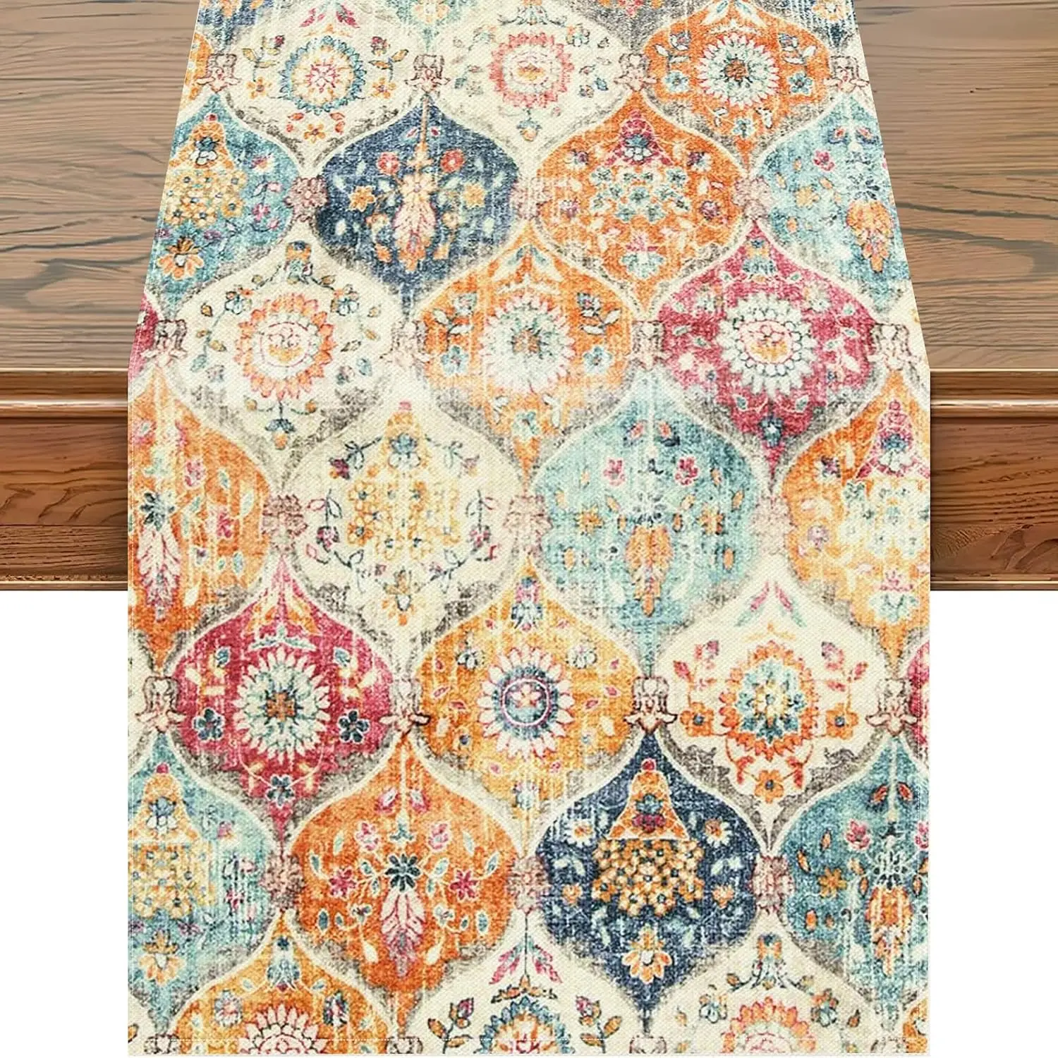 VIKAMA Böhmischer bunter Tischläufer, Retro-Blumenmuster, Orange, Rosa, Blau, Esstischdekoration, Heim-Tischdecke, Läufer