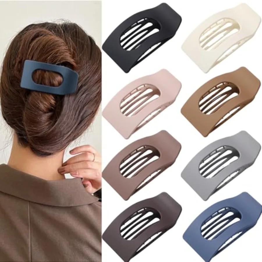 8 Pack Flat Hair Clips for Women Large Matte Black Rectangle No-Slip Claw Clips, Strong Hold Square Hair Accessories for Thick