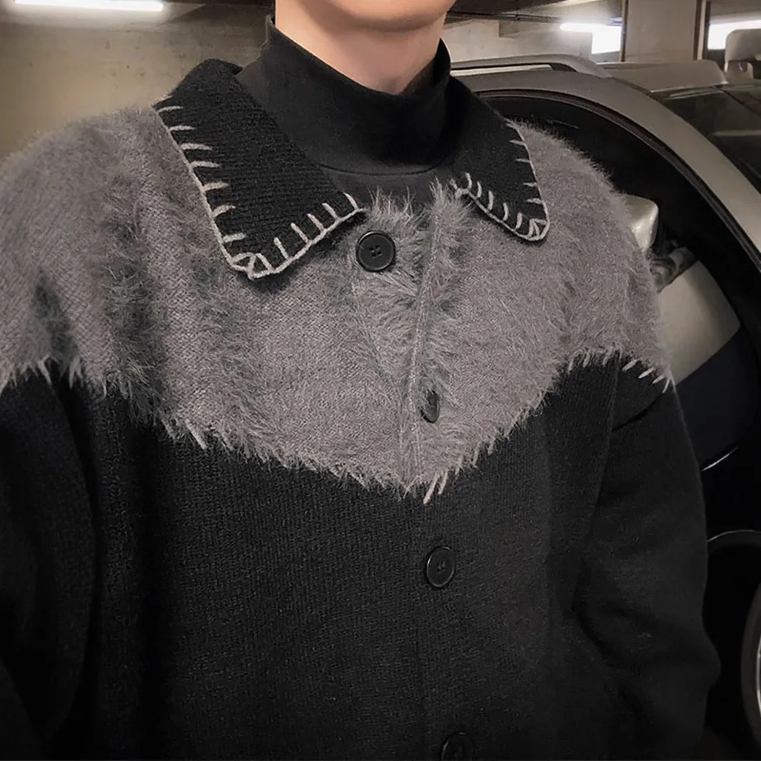 Men Knitted Cardigan Sweaters Patchwork Jumpers Single Breasted Long Sleeves Turn Down Collar Loose Casual 2025 Autumn Winter