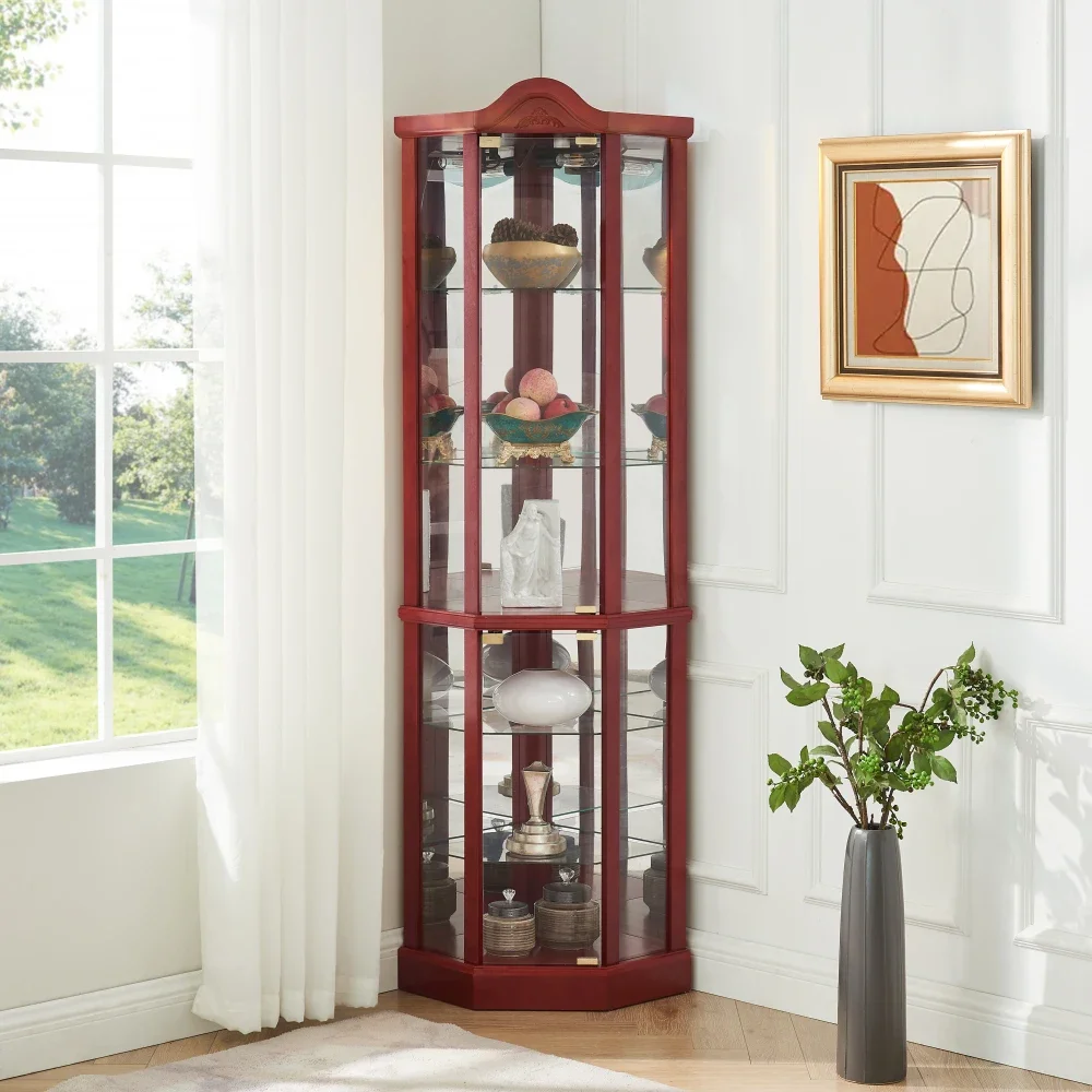 Corner Cabinet Display Curio Cabinet, Glass Display with Light Bar Cabinet, Cabinet with Adjustable Shelves Carved Decoration