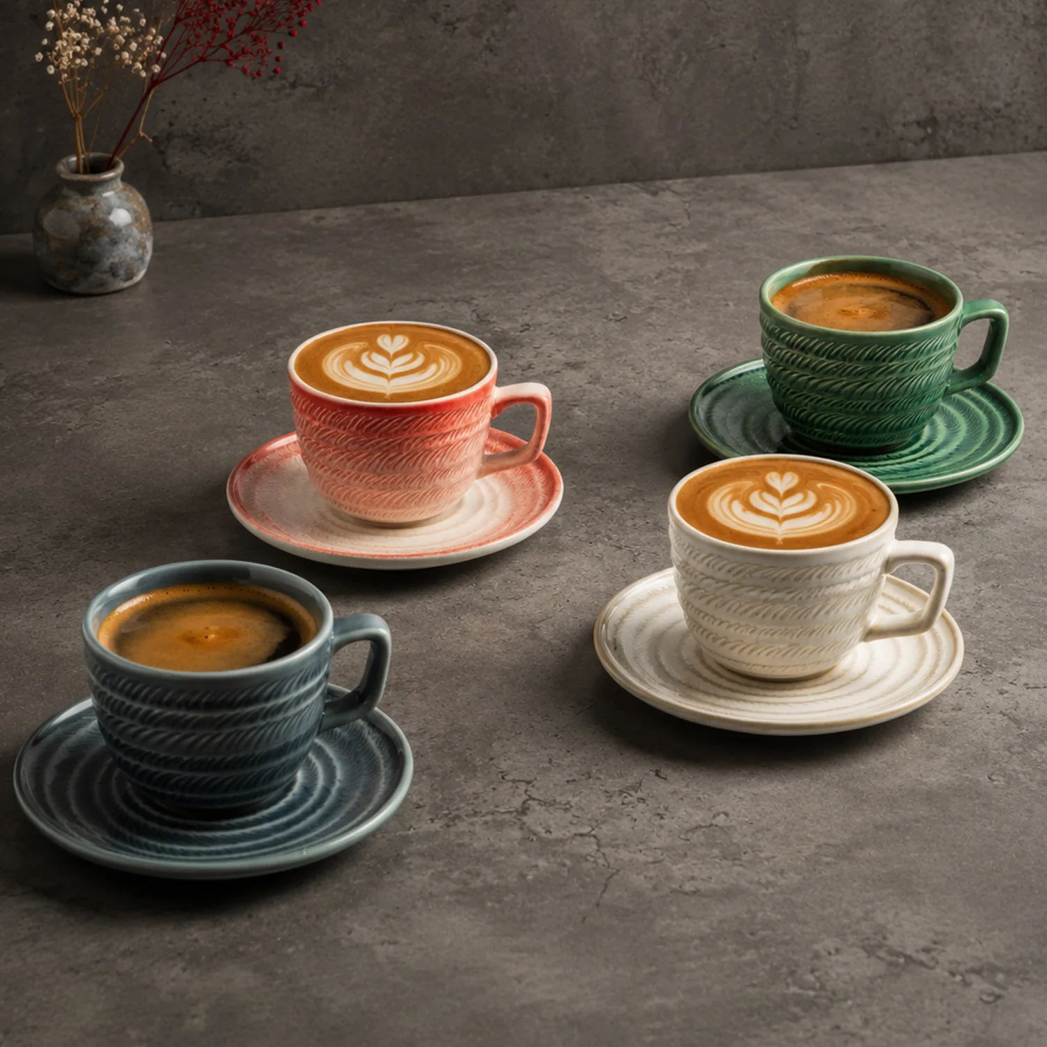 HYS high-value coffee cup, plume shadow relief mug, restaurant latte cup, dessert cup and saucer set, household drinking cup