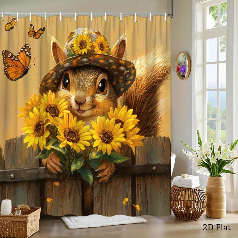 1pc Adorable Squirrel with Sunflowers Shower Curtain - Cute Cartoon Design, 70.8x70.8 Inch, Includes 12 Hooks, Polyester Fabric,