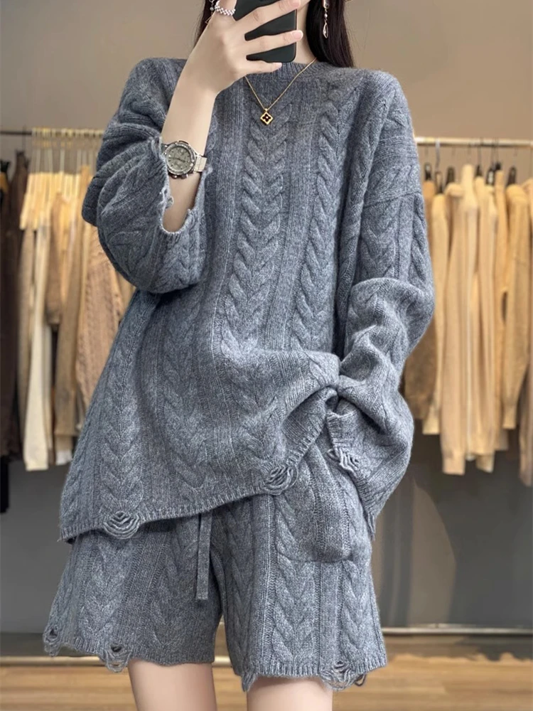 Colorfaith WS9166JX 2024 New Elegant Lady Sets 2 Pieces Sweaters With Capris Shorts Spring Winter Women Fashion Knitted Suits