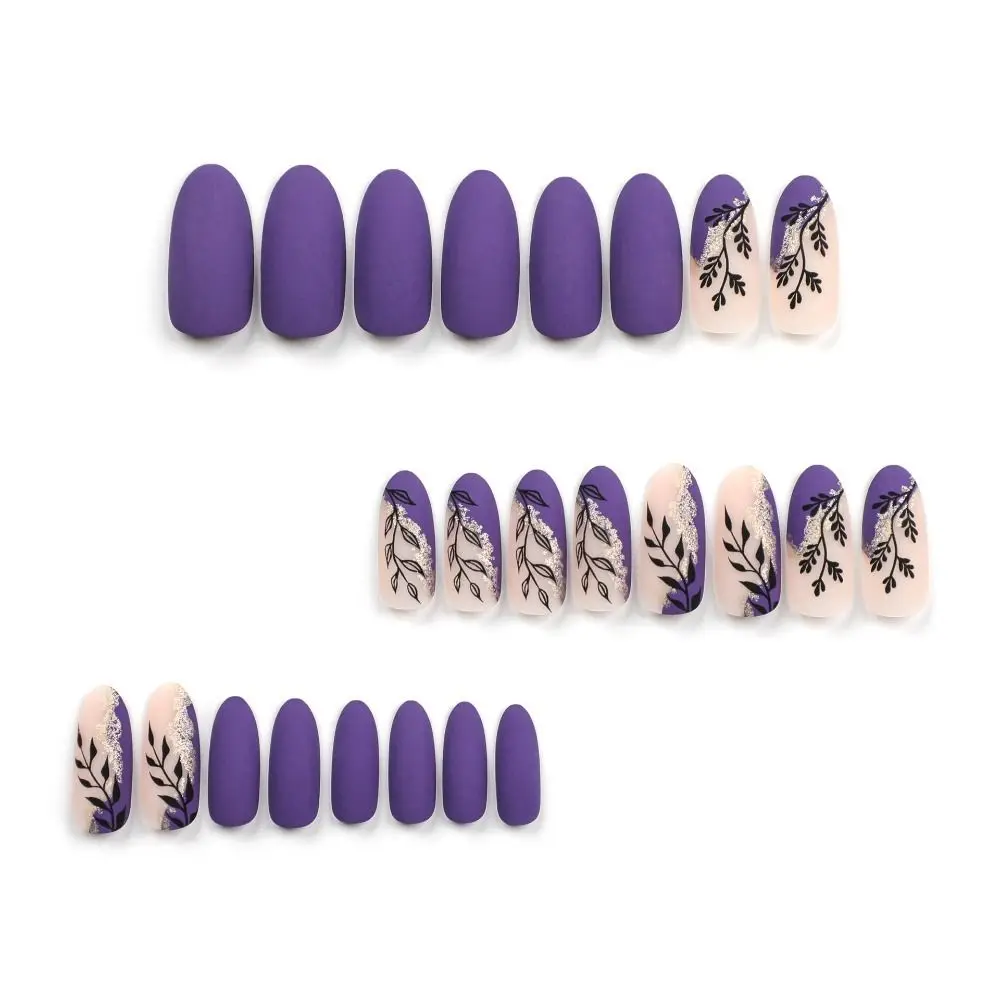Manicure Long Oval False Nails French Purple Leaf Press on Nails Gold Glitter Detachable Fake Nials DIY