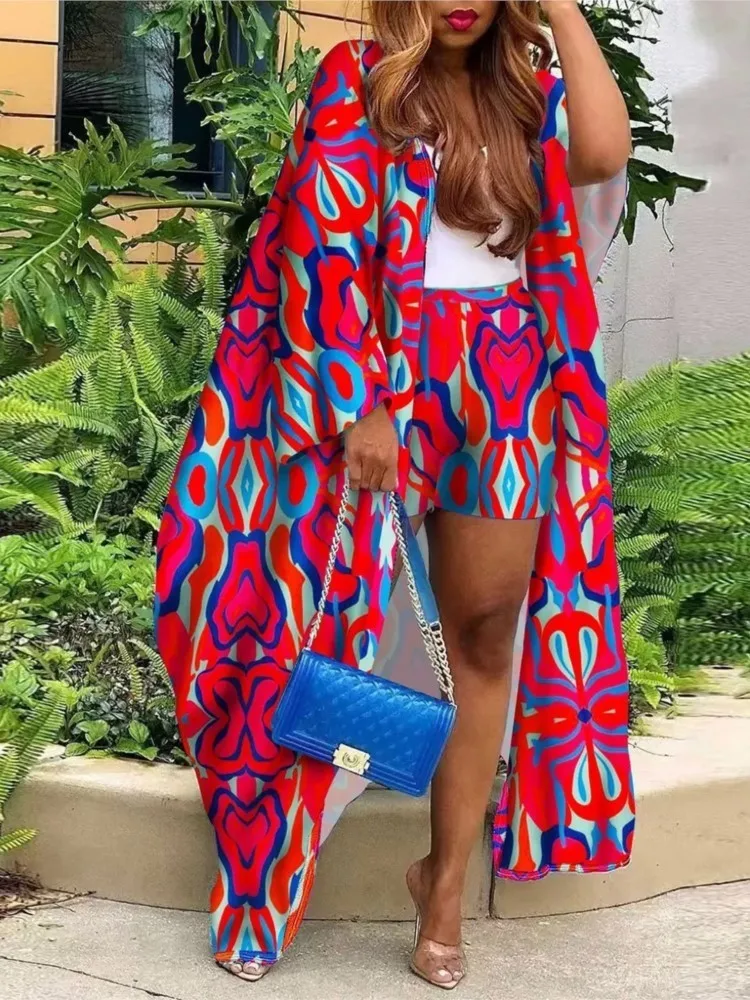 Summer Loose Open Cardigan Shorts Set Fashion Print Batwing Sleeve Long Shirt Two Pieces Sets Vacation Beach Suit Women Outfits